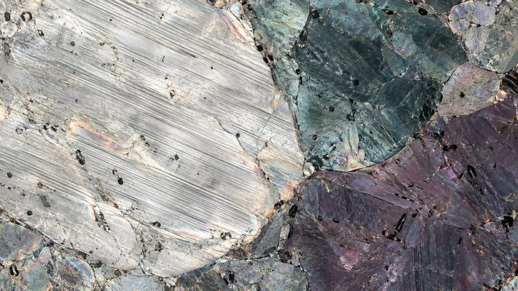 Fine parallel striations within a pale mineral grain.