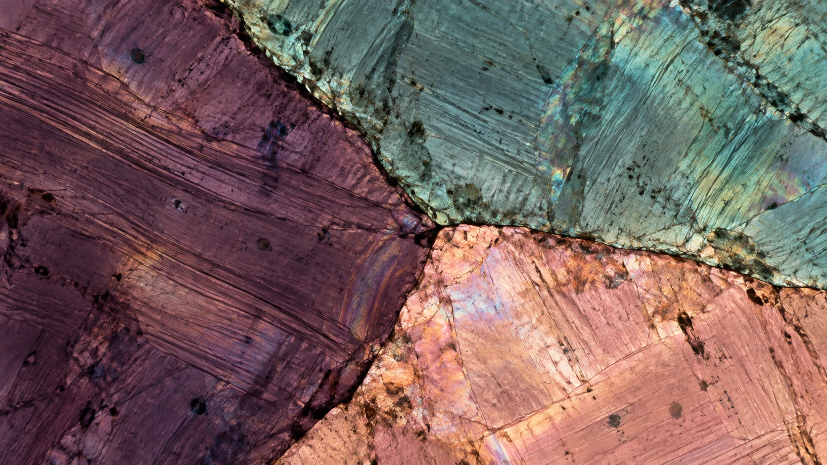 Three translucent mineral grains meet along a natural boundary.